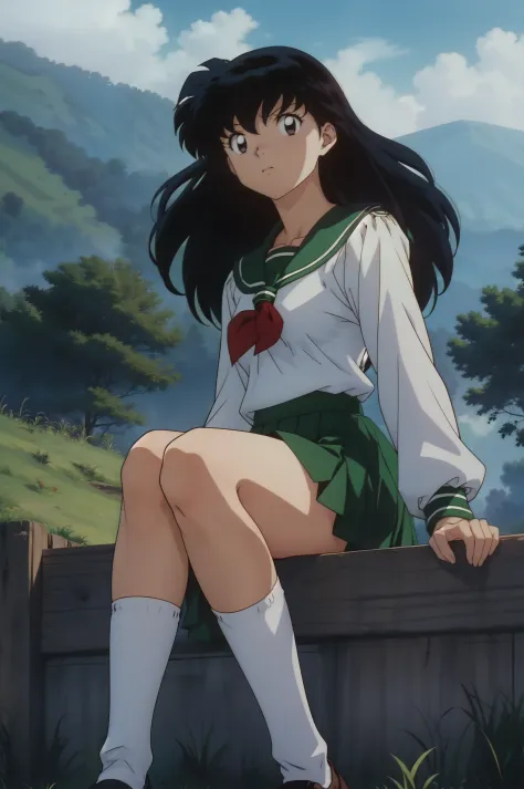 (best quality, masterpiece, highres), kagome higurashi, 1girl, solo, green school uniform, green legs, long sleeves, white socks, sitting, scenery,