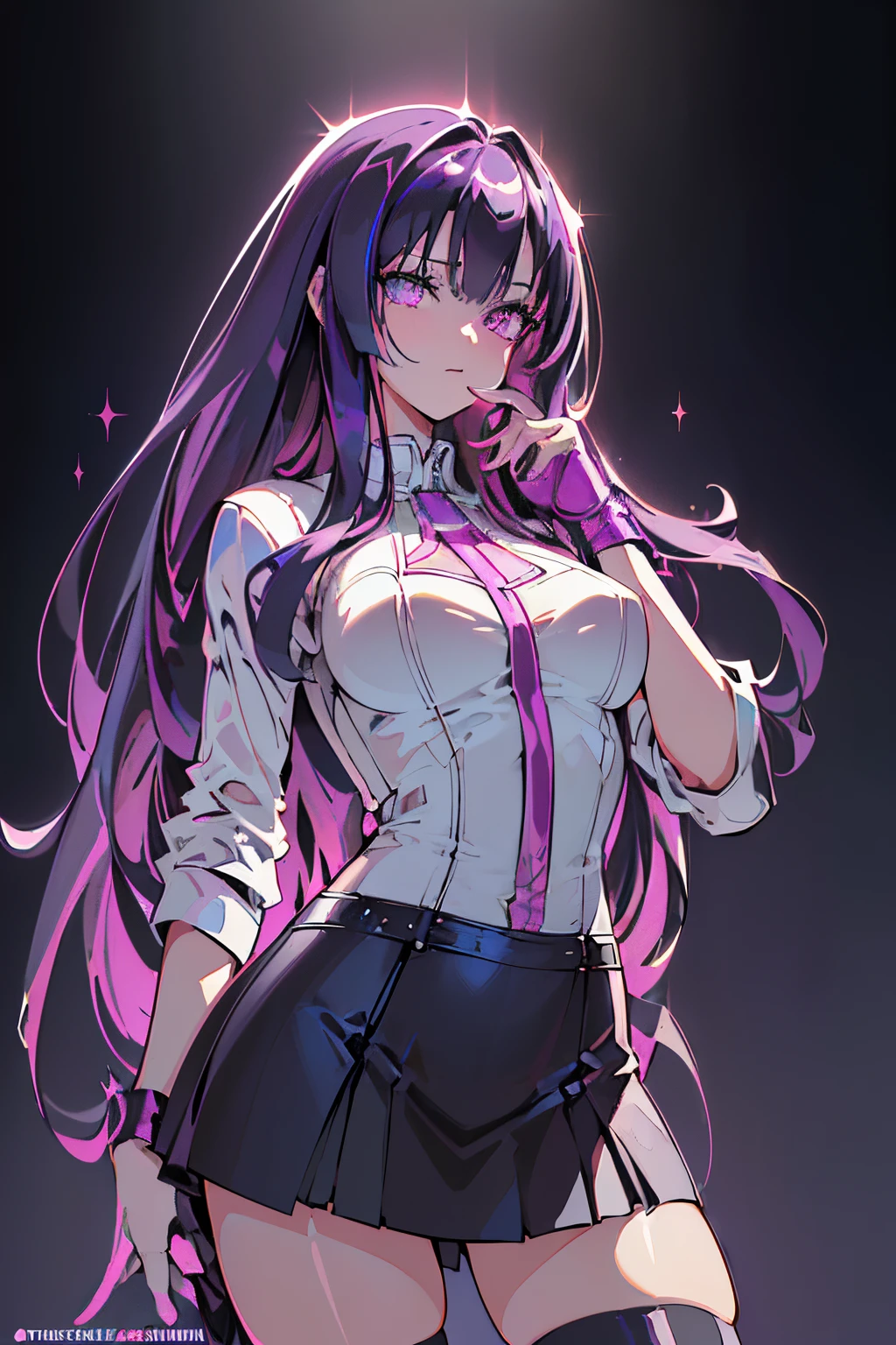 Anime, Girl, (((1girl))), Techwear, (((Deep Violet Hair, Long Hair))), ((Vibrant Light Purple Eyes eyes:1.3, Upturned Eyes: 1, Perfect Eyes, Beautiful Detailed Eyes, Gradient eyes: 1, Finely Detailed Beautiful Eyes: 1, Symmetrical Eyes: 1, Big Highlight On Eyes: 1.2)), ((Fat)), (((Lustrous Skin: 1.5, Bright Skin: 1.5, Skin Fair, Shiny Skin, Very Shiny Skin, Shiny Body, Plastic Glitter Skin, Exaggerated Shiny Skin, Illuminated Skin))), (Detailed Body, (Detailed Face)), Young, Idol Pose, (Best Quality), Cyberpunk Jacket, Shirt, Loose Skirt, Stockings, Garterbelt, Modest Clothing, Skin Covered, Cute Disposition, High Resolution, Sharp Focus, Ultra Detailed, Extremely Detailed, Extremely High Quality Artwork, (Realistic, Photorealistic: 1.37), 8k_Wallpaper, (Extremely Detailed CG 8k), (Very Fine 8K CG), ((Hyper Super Ultra Detailed Perfect Piece)), (((Flawlessmasterpiece))), Illustration, Vibrant Colors, (Intricate), High Contrast, Selective Lighting, Double Exposure, HDR (High Dynamic Range), Post-processing, Background Blur