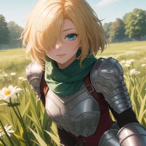 (({{masterpiece,best quality,ultra-detailed}}))  1girl, grass field,flower,wariza,looking at viewer,blonde short hair, armor, re...