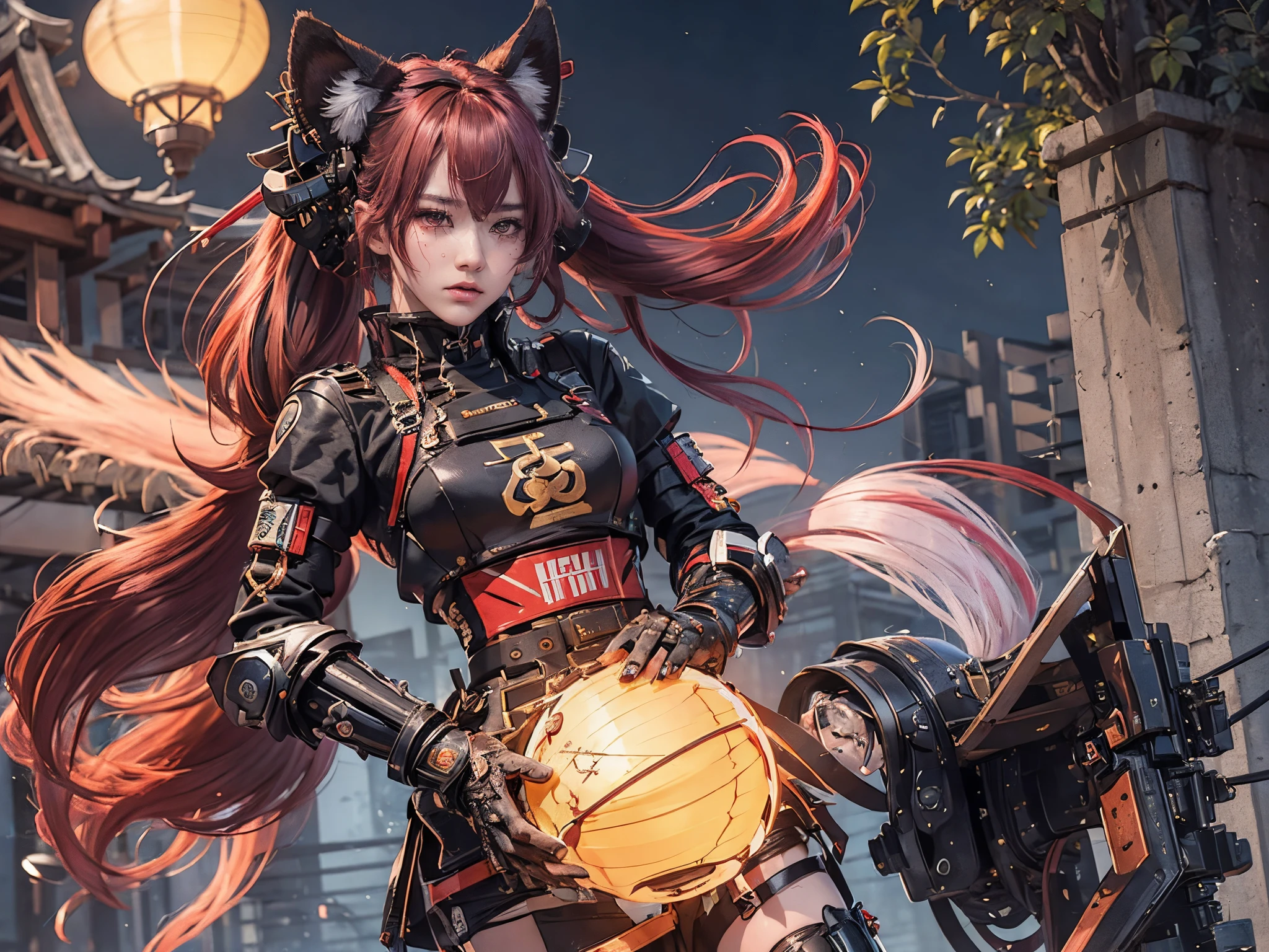 (cyberpunk), a dancer with fox ears and fox tails, natural lighting, masterpiece, 1 beautiful girl, Detailed eye, Swollen eyes, top-quality, A high resolution, an Asian beauty, very extremely beautiful, Beautiful skins, A slender, Forward-facing body, (A hyper-realistic), (high resolution), (4K), (highly detailed),( Best Illustration), (beautifully detailed eyes), (ultra-detailed), , Bright lighting, Professional Lighting, distance view, (lantern), ((samurai)),((long hair)),((cry)),((colorful hair)),((red color splash)),1girll, (short twintails),Colorful hair,Flying,pink bows,((16-year-old female model)), ( Stand Neck long sleeve black jacket),(battle field),( dark sky), (long dresecha)