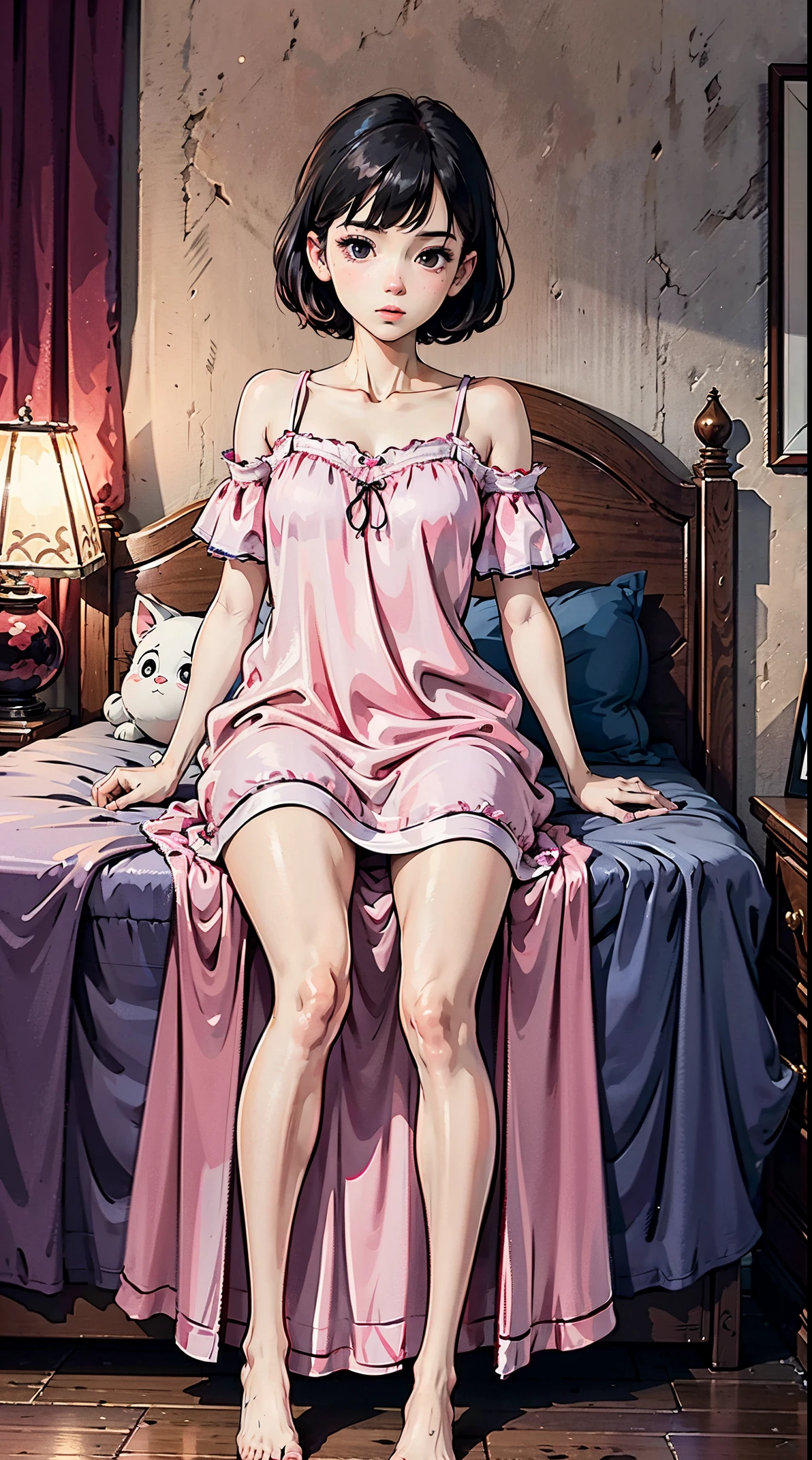 masterpiece, best quality, 8K, UHD, ultra detailed, black short hair, beatiful eyes, black eyes, sexy pose, 15 year old little girl, sleeping in her room wearing a pink nightgown, showing pussy