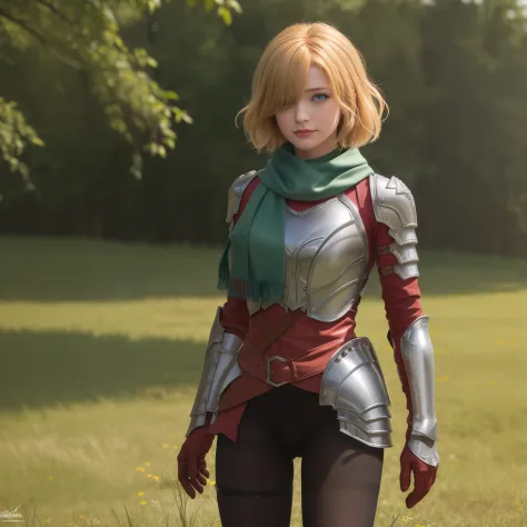 (({{masterpiece,best quality,ultra-detailed}}))  1girl, grass field,flower,wariza,looking at viewer,blonde short hair, armor, re...