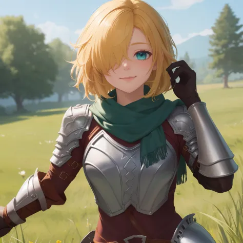 (({{masterpiece,best quality,ultra-detailed}}))  1girl, grass field,flower,wariza,looking at viewer,blonde short hair, armor, re...