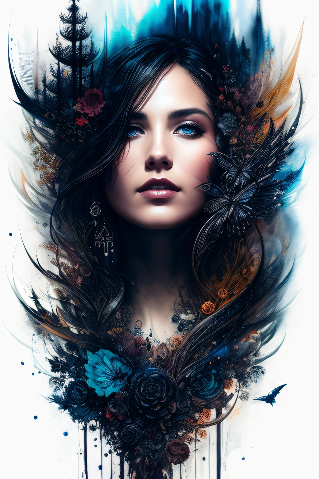 Colorful beautiful woman: Black ink flow: 8k resolution photorealistic masterpiece: by Aaron Horkey and Jeremy Mann: intricately detailed fluid gouache painting: by Jean Baptiste Mongue: calligraphy: acrylic: watercolor art, professional photography, natural lighting, volumetric lighting maximalist photoillustration: by marton bobzert: 8k resolution concept art intricately detailed, complex, elegant, expansive, fantastical