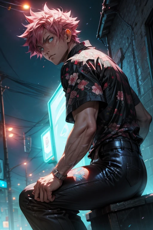 Outdoors, Natsu Dragneel as a mature male, wearing black and red floral shirt, wearing black dress pants, blue eyes, glowing eyes, short hair, grey skin, club environment, night, blue neon signs, 8k, Unreal engine, highly detailed, photorealistic, fiery pink hair, Natsu Dragneel male character