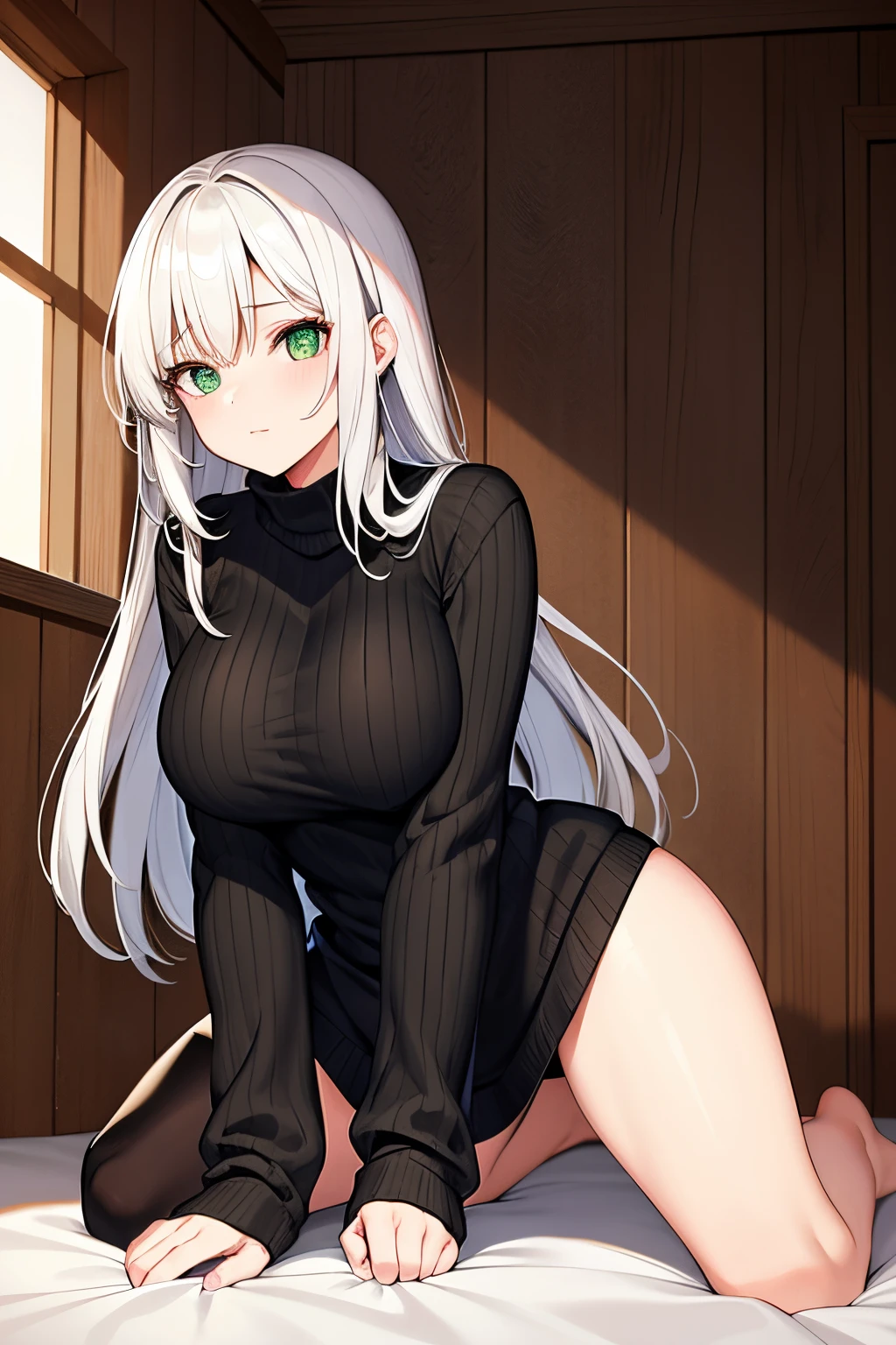 An 18-year-old woman with long white hair with green eyes in a black sweater