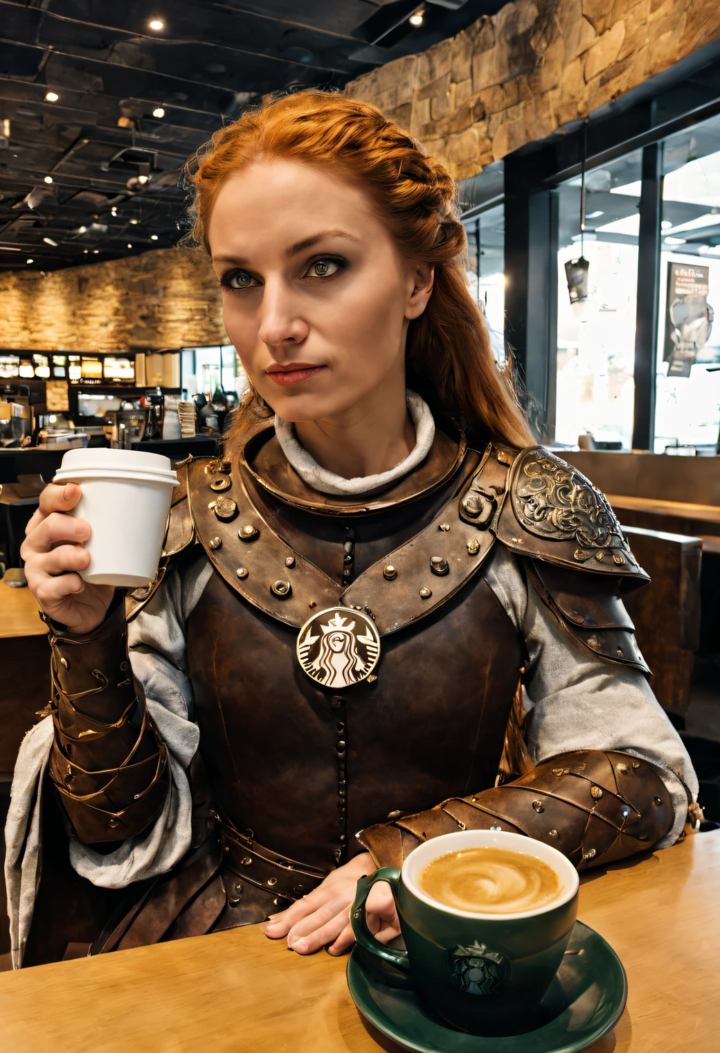 中世纪女战士在星巴克喝咖啡.