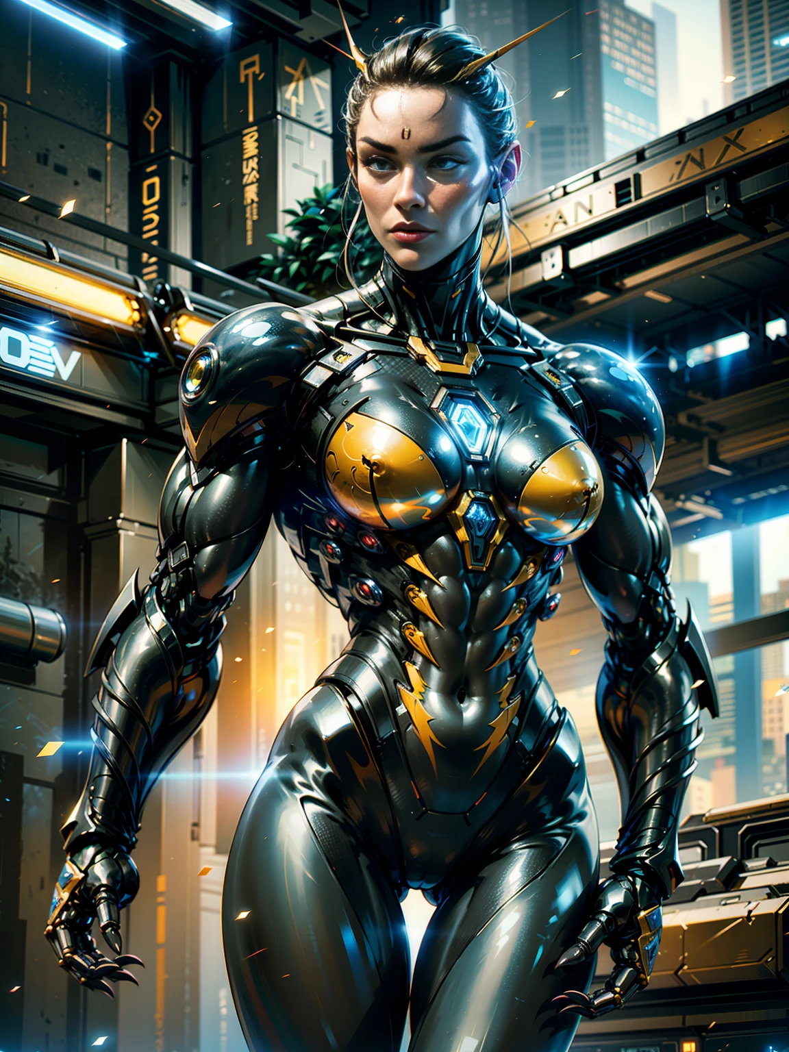 megan fox), Cinematic, hyper-detailed, black muscles with neon veins, perfect muscular anatomy of a bald super muscular female android girl. Beautiful color grading, enhancing the overall cinematic feel. Unreal Engine renders her anatomic cybernetic muscle suit to life; mesmerizing. With depth of field (DOF), every detail is focused and accentuated, drawing attention to her eyes and the intricate design of the anatomic cybernetic muscle suit . Max image resolution, using super-resolution technology to ensure pixel perfection. Cinematic lighting enhances her aura, while anti-aliasing techniques like FXAA and TXAA keep the edges smooth and clean. Realistic raytracing with RTX technology for perfect rendering of the anatomic cybernetic muscle suit. Additionally, SSAO (Screen Space Ambient Occlusion) gives depth and realism to the scene, the girl's anatomic cybernetic muscle suit become even more realistic. In the post-processing and post-production stages, tone mapping enhancement creates a captivating visual experience. The integration of CGI (Computer-Generated Imagery) and VFX (Visual Effect brings out the anatomic cybernetic muscle suit's intricate features seamlessly. Incredible detail with, with intricate hyper maximalist and hyper-realistic elements meticulously crafted into the artwork. Volumetric effects add depth and dimension, with unparalleled photorealism. 8K image resolution render, ensuring super-detailed visuals. The volumetric lightning adds a touch of magic, highlighting her beauty and the aura of her anatomic cybernetic muscle suit in an otherworldly way. High Dynamic Range (HDR) technology makes the colors pop, adding richness to the overall composition. Ultimately, this artwork presents an unreal portrayal of a super muscled cybernetic female android