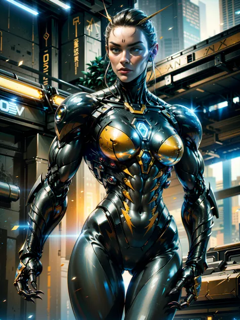 megan fox), Cinematic, hyper-detailed, black muscles with neon veins, perfect muscular anatomy of a bald super muscular female a...