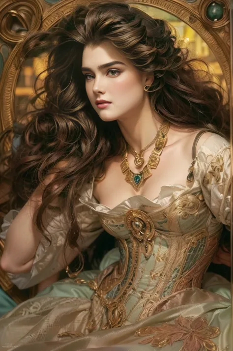 Brooke Shields youngPainting of a beautiful and sexy woman, ((with long medusa hair, falling over her shoulders)) and an embroid...