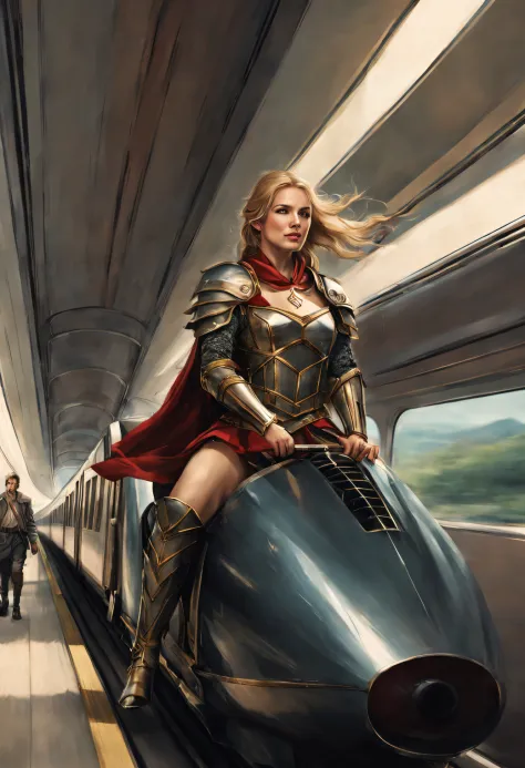 Medieval female warrior rides a bullet train with a modern man.