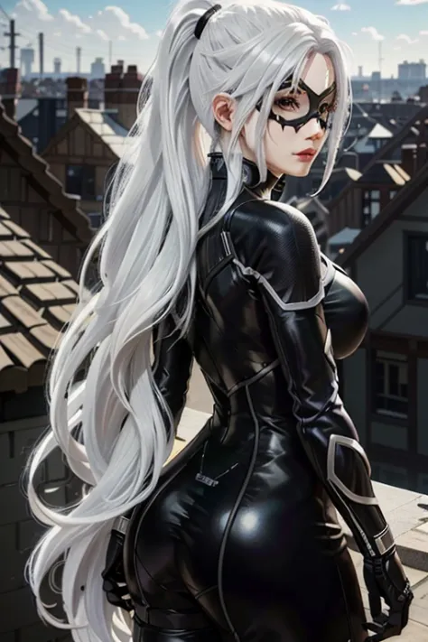 (masterpiece, best quality) marvelblackcat, 1girl, 独奏, long hair, white colored hair, mask, pony tail, seductive, at the back, l...