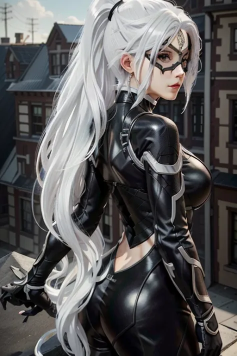 (masterpiece, best quality) marvelblackcat, 1girl, 独奏, long hair, white colored hair, mask, pony tail, seductive, at the back, l...