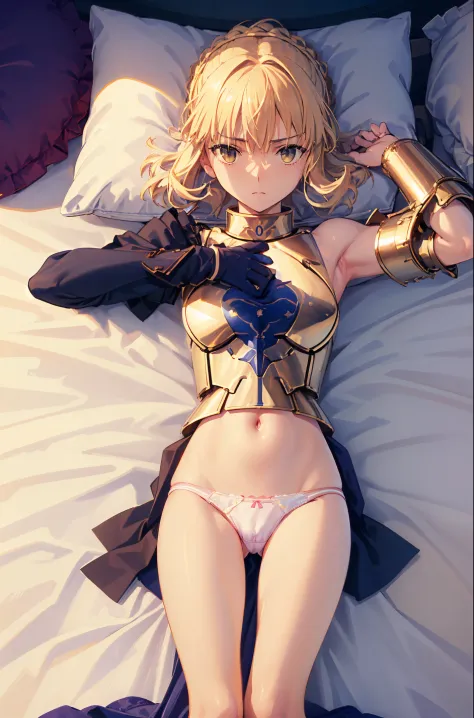 Best Quality, masutepiece,Saber, Faltria, 1girl in, Solo, armor,  Armored dress, blazing, gauntlets, Holding, breastplates, Hair bun,  full bodyesbian, legs are open, undergarment:only panties,   Panty Pose, (Fully exposed panties:1.5)、 (Panties:1.3), (lyi...