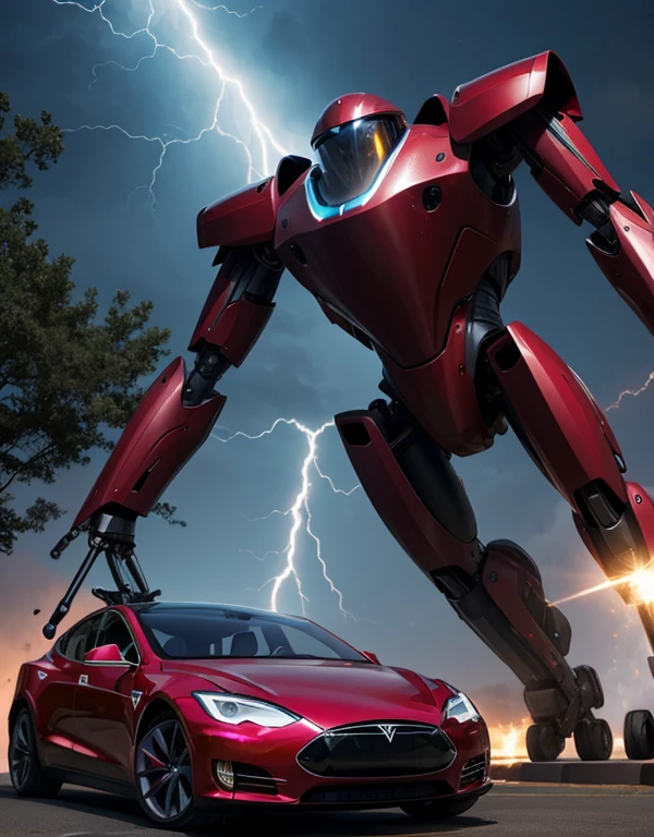 Elon Musk  is playing with Robots, a vibrant background having thunder and Tesla sign