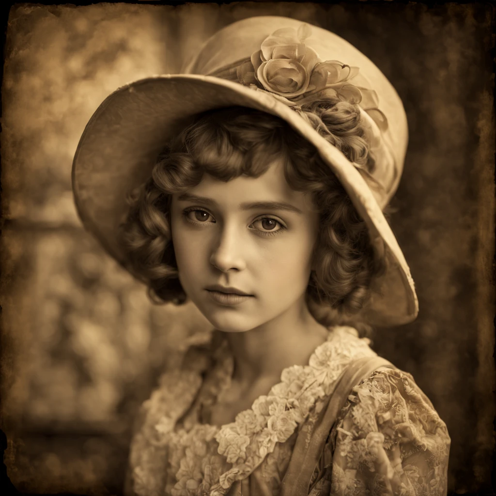 Extrememly realistic girl tot in the style of edwardian beauty, sepia, layered textures and patterns, black mountain college, bloomsbury group, portraiture specialist, elegantly formal  (Rembrandt Lighting), zeiss lens, ultra realistic, (high detailed skin:1.2), 8k uhd, dslr, Dramatic Rim light, high quality, Fujifilm XT3 HDRI --ar 2:3