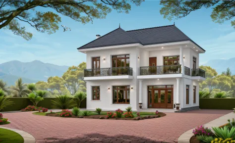 2 floor villa, classic style, grey rooftile, garden background