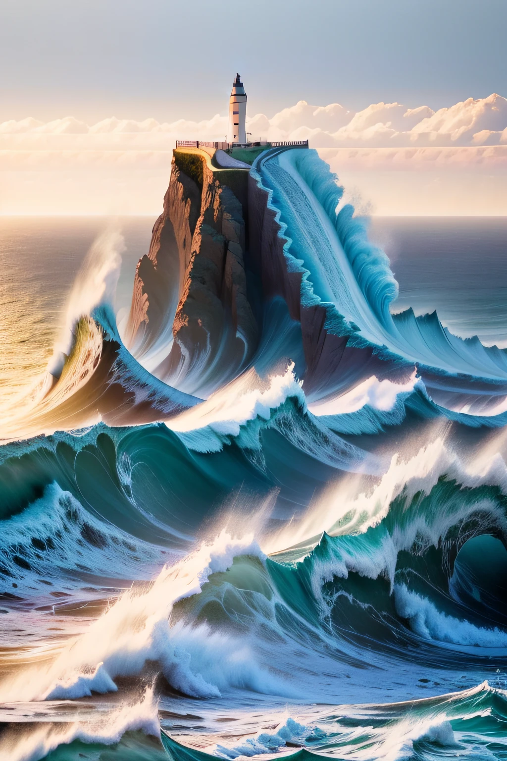 photo prise depuis un phare, (((tu peux voir le phare))) et en fond de grosses vagues, des vagues plus grosses que le phare, Nazaré waves, vagues se brisant avec beaucoup de mousse, Le ciel est sombre, rayons d&#39;orage en arrière-plan