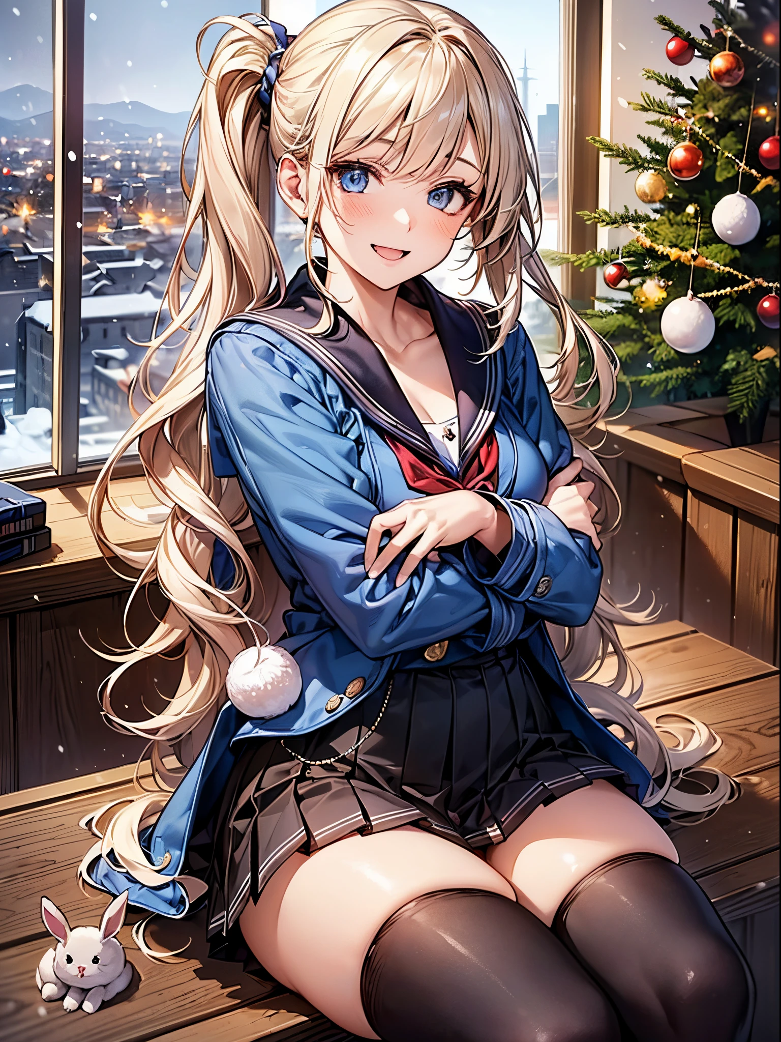 ((((perfect anatomy, super detailed skin)))), 1 girl, japanese, high school girl, shiny skin, large breasts:0.5, watching the view, 
beautiful hair, beautiful face, beautiful detailed eyes, (long hair:1.7, side ponytail:1.5), blond hair, blue eyes, 
beautiful clavicle, beautiful body, beautiful chest, beautiful thigh, beautiful legs, babyface, mole under eye, 
(((gray duffle coat), ((long sleeves)), all navy sailor suit, navy pleated skirt, navy sailor collar, red sailor scarf, thigh-highs, short boots), school bag, cross necklace), seductive thighs, , 
((smile:1.5, open your mouth wide)), sitting, (((hugging netherlands dwarf rabbit, a lot of rabbits))), 
(beautiful scenery), winter, midnight, hokkaido, sapporo, odori park, christmas, (christmas tree), illumination, tv tower, snow, snowfall:1.5, freezing weather, frost, 
(8k, top-quality, masterpiece​:1.2, extremely detailed), (photorealistic), beautiful illustration, cinematic lighting,