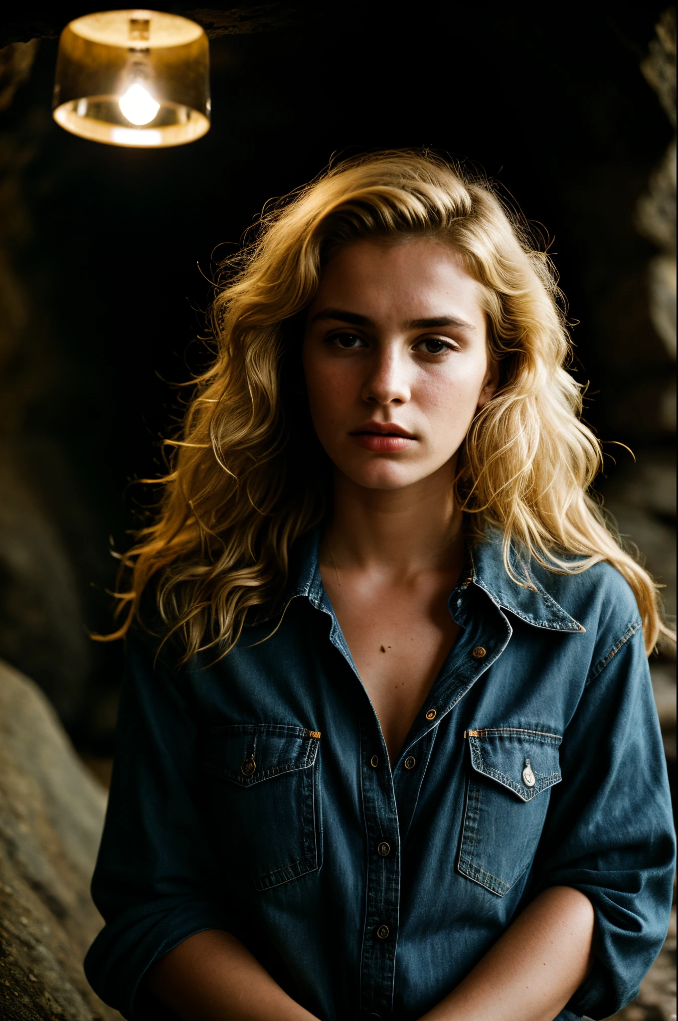 photograph of a woman, (troubled facial expression), textured skin, goosebumps, blonde afro hair, plaid flannel shirt with distressed boyfriend jeans, cowboy shot, dark and mysterious cave with unique rock formations and hidden wonders, perfect eyes, (candlelight,chiaroscuro), Porta 160 color, shot on ARRI ALEXA 65, bokeh, sharp focus on subject, shot by Don McCullin