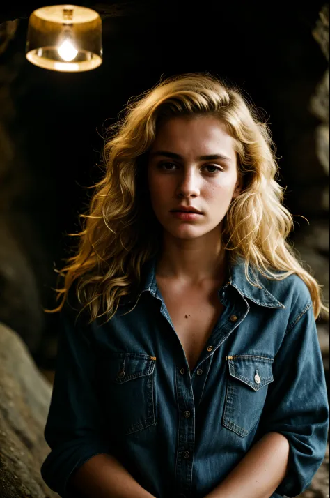 photograph of a woman, (troubled facial expression), textured skin, goosebumps, blonde afro hair, plaid flannel shirt with distressed boyfriend jeans, cowboy shot, dark and mysterious cave with unique rock formations and hidden wonders, perfect eyes, (cand...