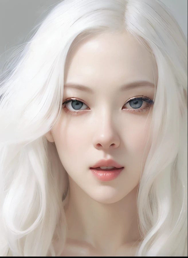 Closeup of a Korean woman with long white hair and blue eyes, pale porcelain white skin, albino white pale skin, soft pale white skin, pale white face, white pale skin, pale, shiny skin, pale snow white skin, porcelain pale skin, Perfect white hair girl, very pale white skin, pale fair skin!!, pale - white skin, very white skin, very pale, medieval princess, Goddess, Game of Thrones style, ulzzang, South Korean popular makeup