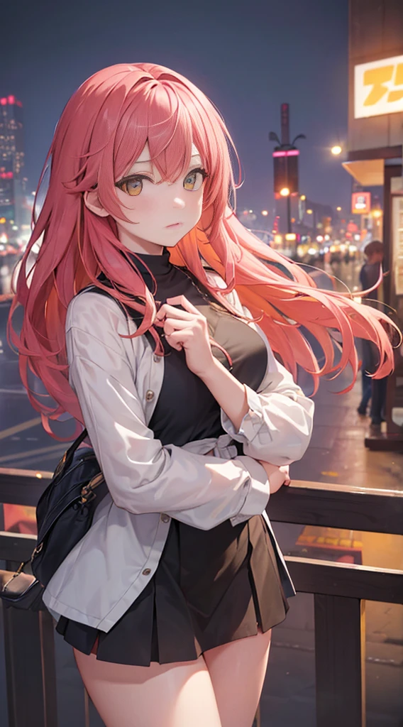 (best quality,8k,highres,masterpiece:1.2),close-up of the upper body of a young girl,sexy,pink hair,long hair,yellow eyes,black skirt,white blouse,city background at night with orange lights,portrait,anime style,colored,hair flowing,bright pink hair,colorful cityscape,mysterious atmosphere,glowing lights,night scene,urban setting,detailed clothes,posing with confidence,sensuality,feminine beauty,striking appearance,mesmerizing gaze,captivating expression.