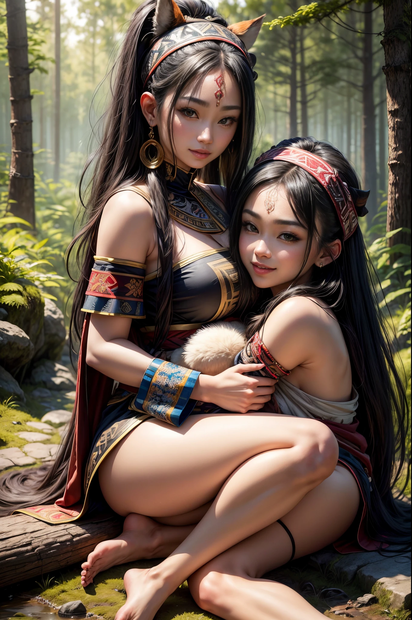 Two women in costumes sitting on a log in the woods - SeaArt AI