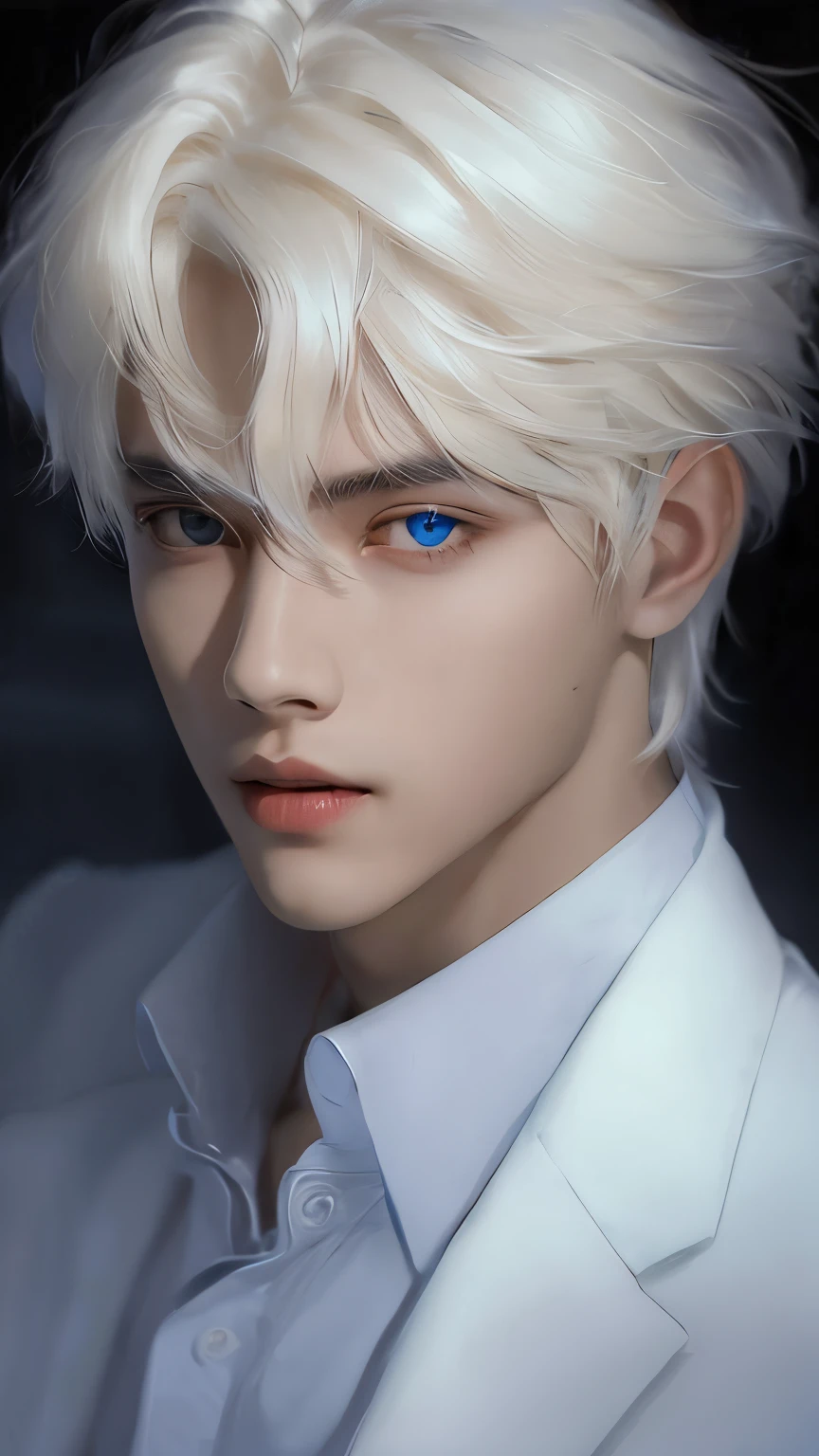 A closeup of a person with white hair and blue eyes, Tall boy with blue eyes, Handsome boy in art, blonde boy with yellow eyes, by Yang J, beautiful androgynous prince, inspired by Yanjun Cheng, awesome anime face portrait, delicate androgynous prince, by Ni Tian, Men&#39;s style, Game of Thrones style