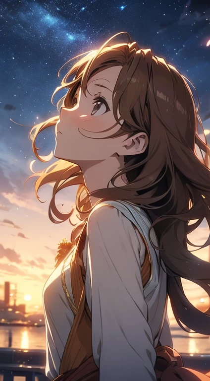 Anime style, 1womanl, brown haired, Wavy shoulder-length hair, full bodyesbian, looking away from camera, Looking up at the sky, Calm, Soft dramatic lighting, depth of fields, Bokeh, vibrant detail, hyper realisitic,