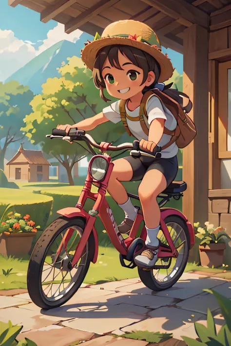 ((La mejor calidad, Obra maestra)), dramatic,  1 girl riding a green bike rider, She is sa smiling, Antecedentes de la granja