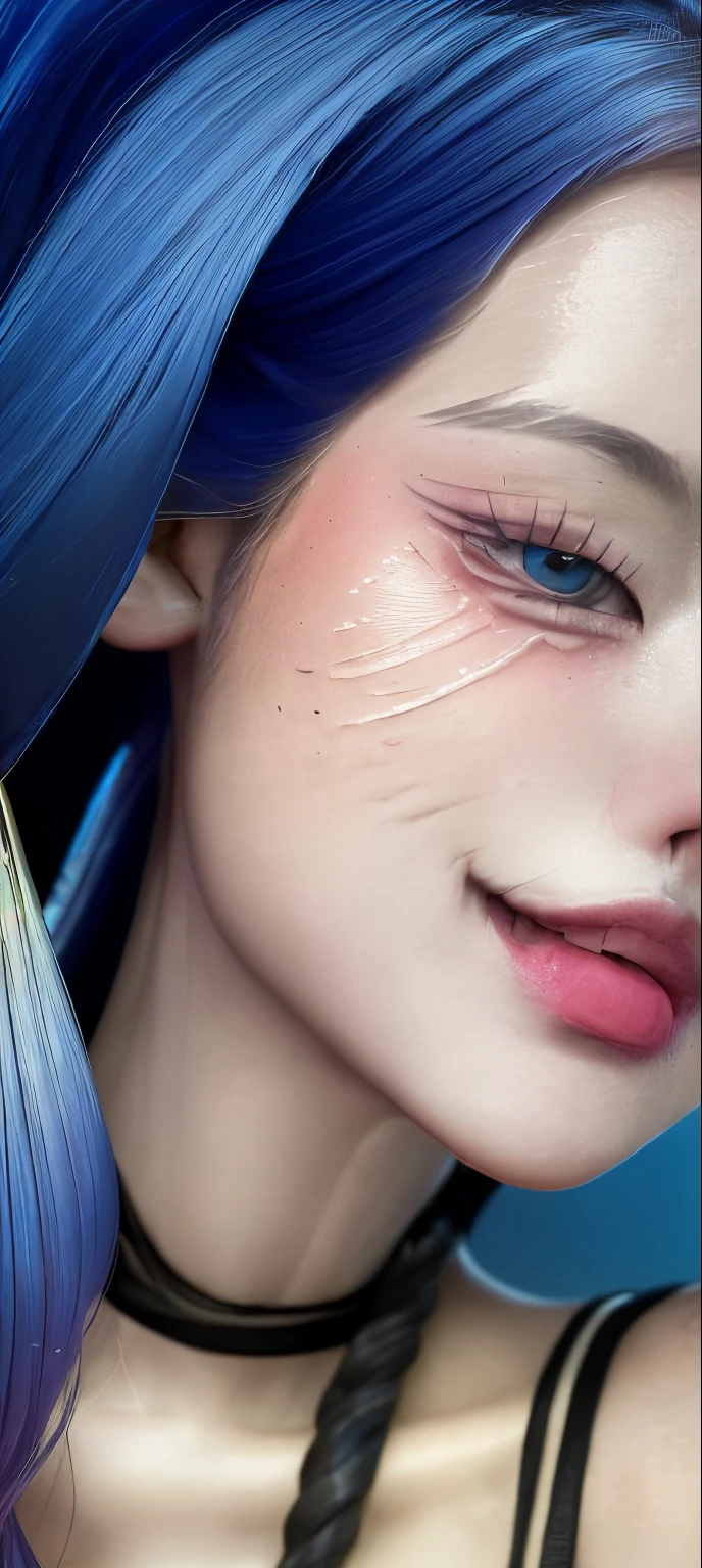 A close up of a woman with blue hair and a necklace - SeaArt AI