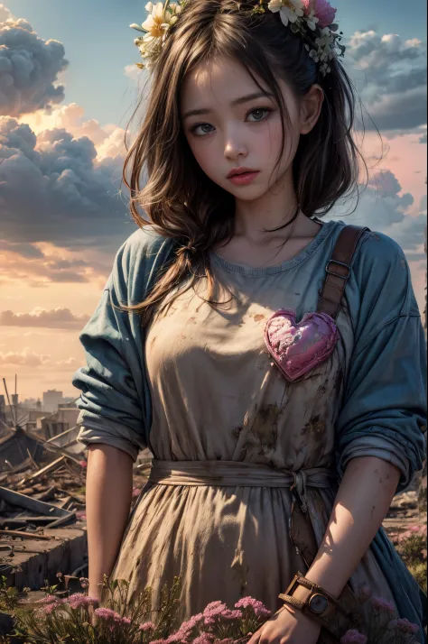 "Photorealistic painting, girl in the remnants of a nuclear disaster, fragile flowers reclaiming the land, ruins under an expres...