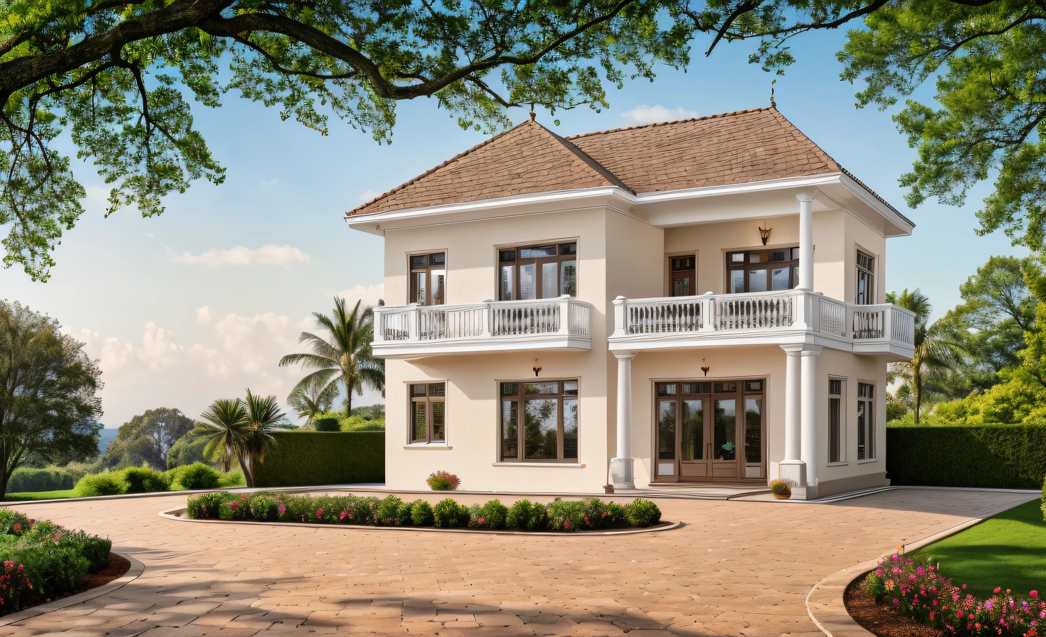 RAW photo,Masterpiece,high quality,best quality,authentic,super detail,exterior, villa, classical style, light beige wallpaint, grey roof tile, garden background, high detailed,8k uhd,dslr,soft lighting,high quality,photography shot with Leica CL with Leica Summilux-TL 35mm f-1.4 ASPH