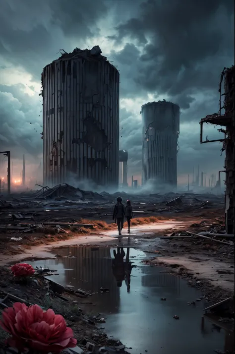 "Digital art, ((forlorn)) Boy with his Little Sister wandering through a nuclear wasteland, flowers breaking through the destruc...