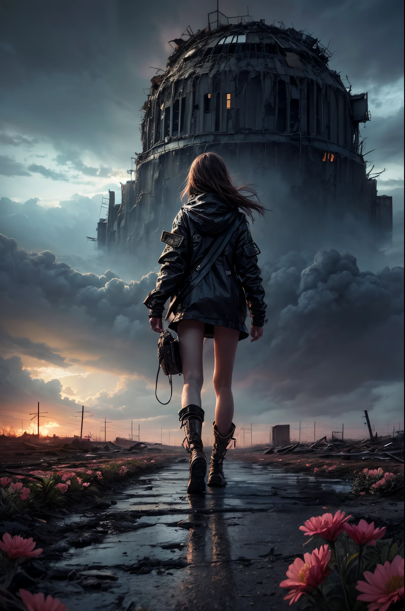 "Digital art, ((verlassen)) Mädchen wandert durch eine nukleare Einöde, Blumen brechen durch die Zerstörung, unheimliche Ruinen unter einem stürmischen Himmel, ((trostlose Schönheit)), ((emotionale Tiefe)), ausführlich, eindringlich"