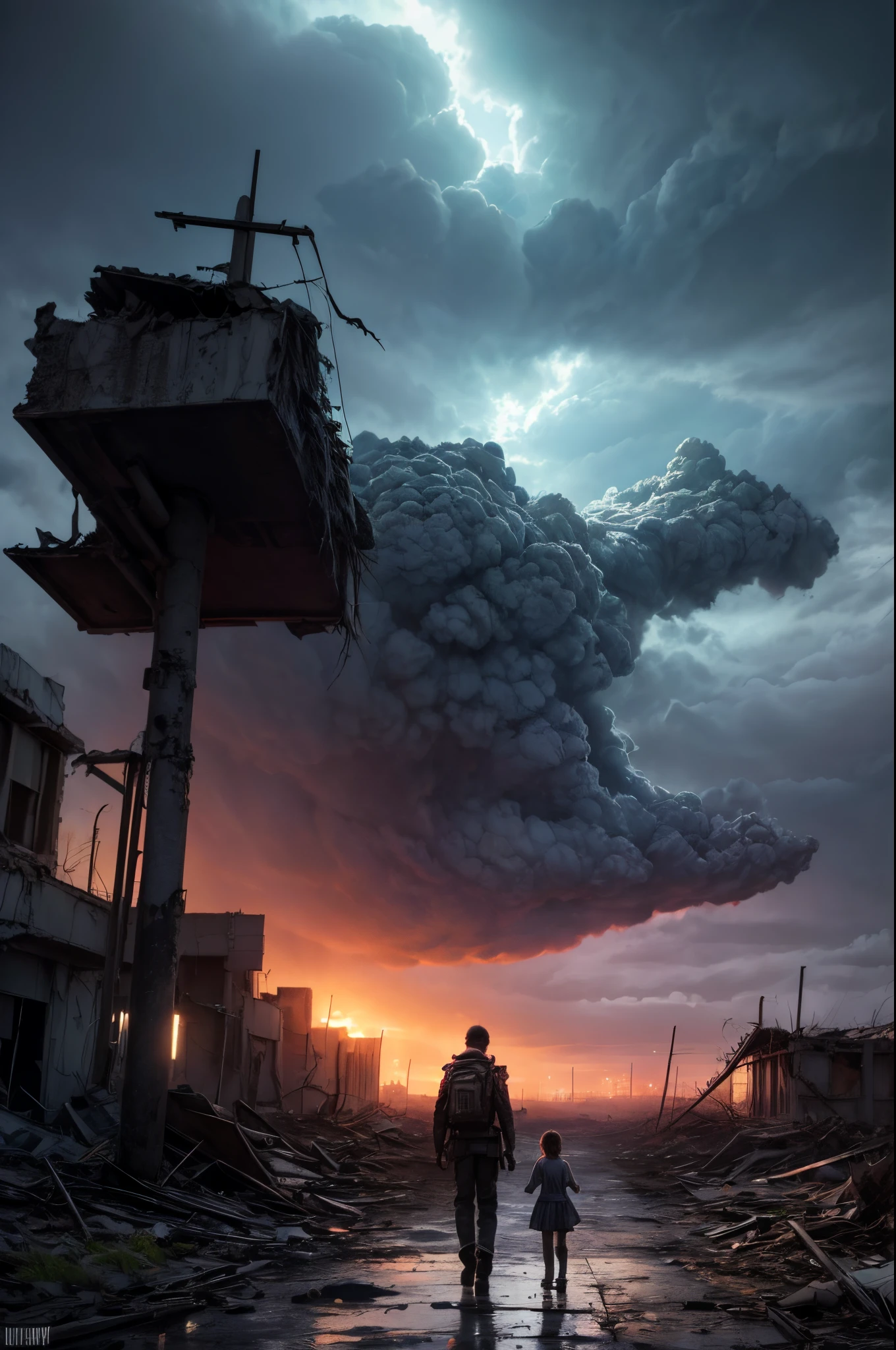 "Digital art, ((forlorn)) Boy with his Little Sister wandering through a nuclear wasteland, flowers breaking through the destruction, eerie ruins under a tumultuous sky, ((desolate beauty)), ((emotional depth)), detailed, haunting"