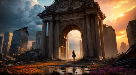 "photograph, golden hour, lone girl in the aftermath, vibrant flowers defiantly blooming, shattered ruins, dramatic cloudscape, ...