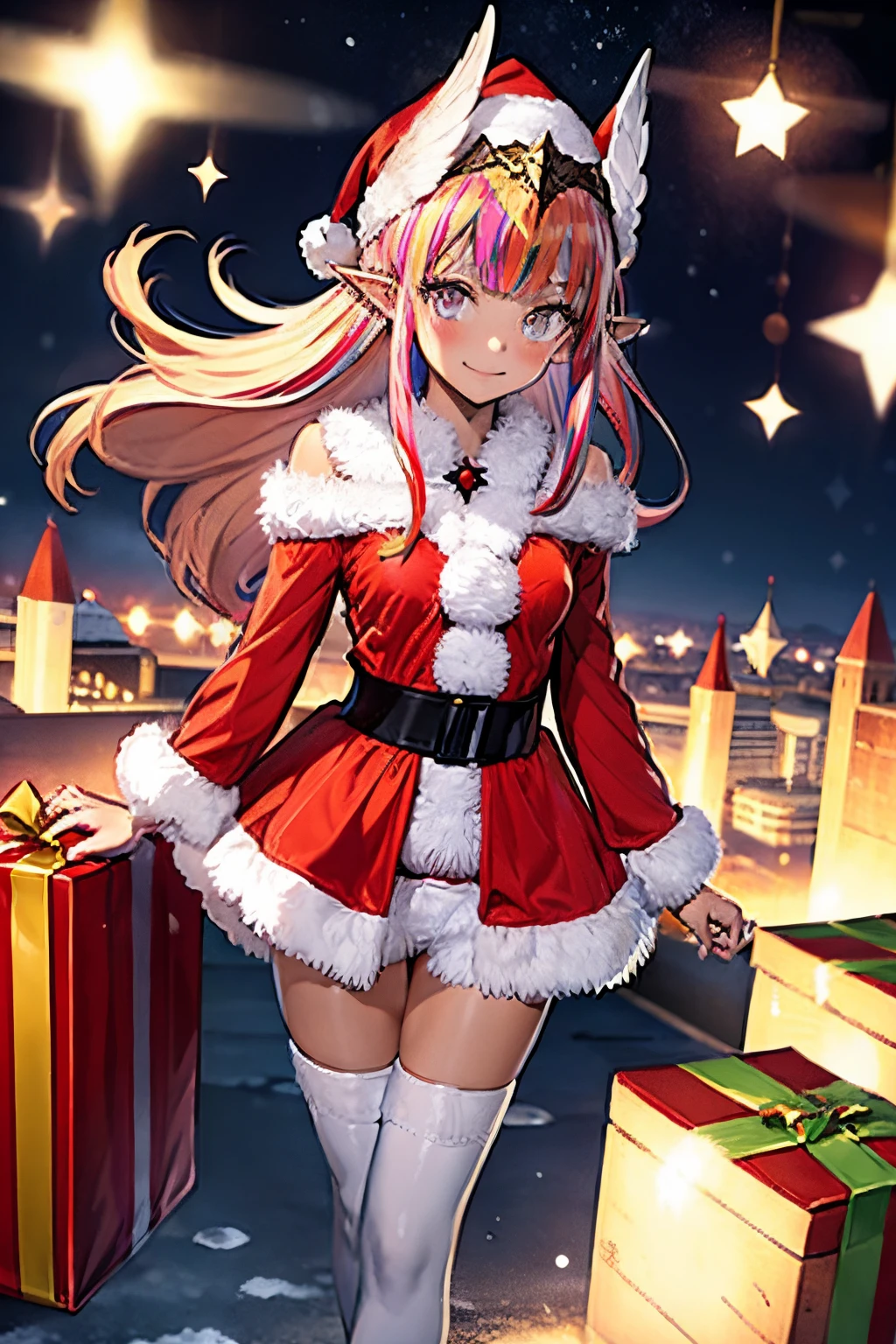 A close up of a person in a santa outfit with a gift - SeaArt AI