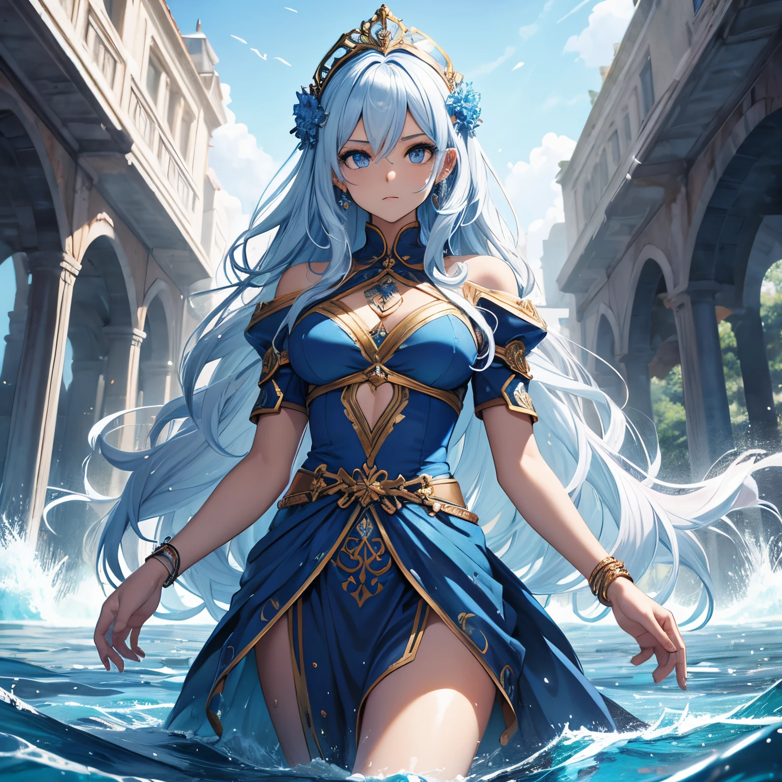 water goddess. Alta. Olhos de cor azul. Olhos detalhados. Olhar altivo. Imponente. Cabelos compridos e lisos de cor prateado comprido. De corpo todo. Alta. athletic. Seios pequenos. Roupa de luta (sem as mangas) de cor azul com detalhes na cor prata. Postura imponente. Serious