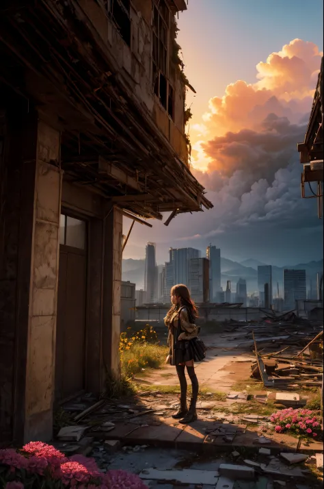 "Photograph, golden hour, lone girl in the aftermath, vibrant flowers defiantly blooming, shattered ruins, dramatic cloudscape, ...