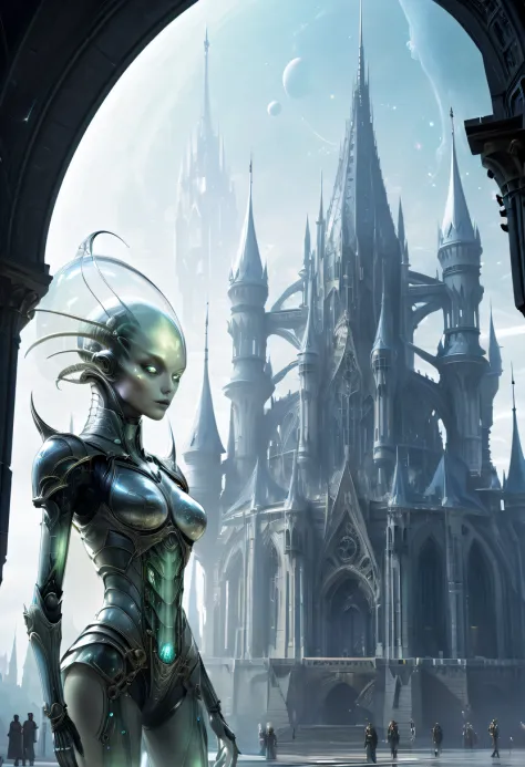 Translucent ethereal alien warrior,In the background is a huge high-tech mobile Gothic castle，a space station,Medieval style bui...
