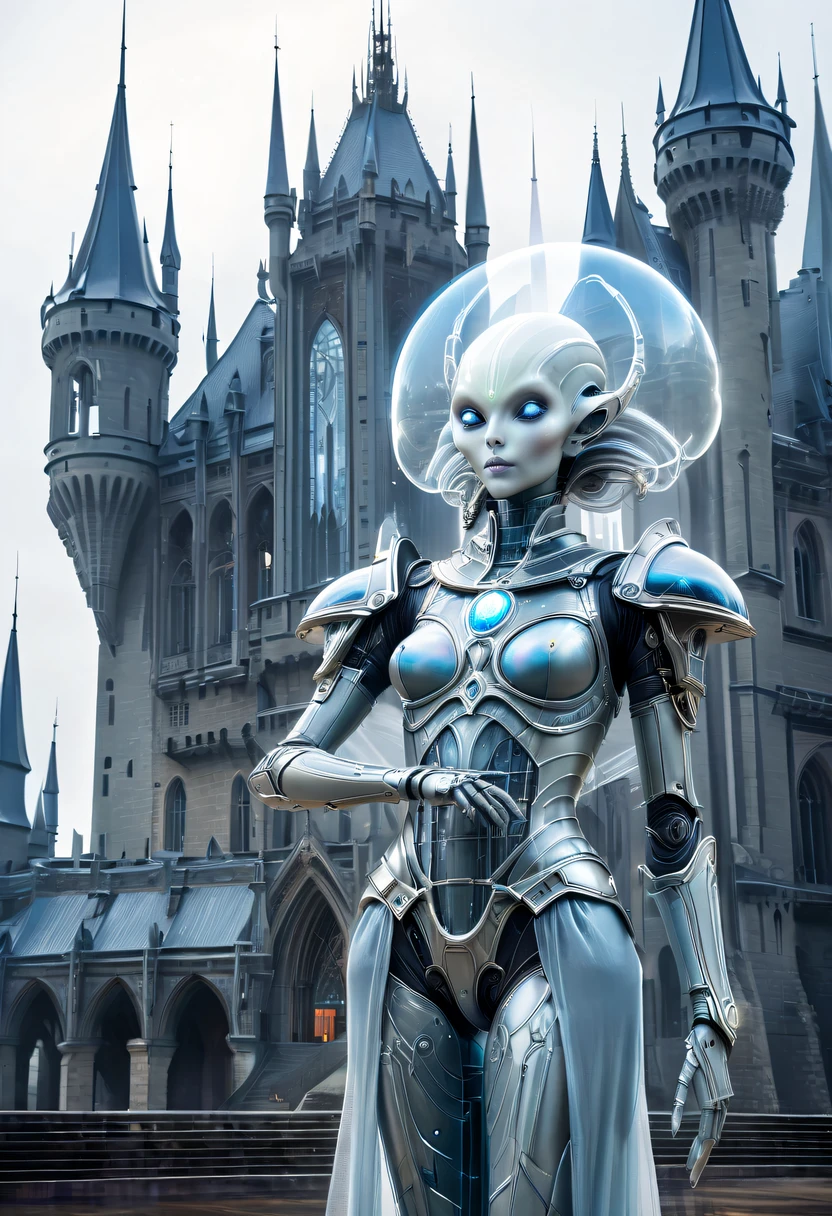 Durchscheinender ätherischer Alien-Krieger,Im Hintergrund ist eine riesige High-Tech-mobile gotische Burg，eine Raumstation,Gebäude im mittelalterlichen Stil