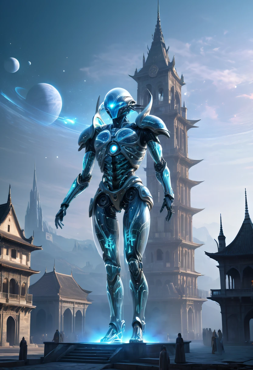 Translucent ethereal alien warrior，Spectacular high-tech space landscape,The integration of future technology and medieval cities,Medieval ancient palace,Medieval ancient bell tower,medieval antiquity,Translucent ethereal alien warrior，model shoot style, (extremely detaild的 CG unified 8k wallpapers), The beauty of abstract style,，hyper realisitc, 8K, super detailing, Best quality at best, Award-Awarded, Anatomically correct, 16k, super detailing,Sparkling neon lights,cosmic energy field,