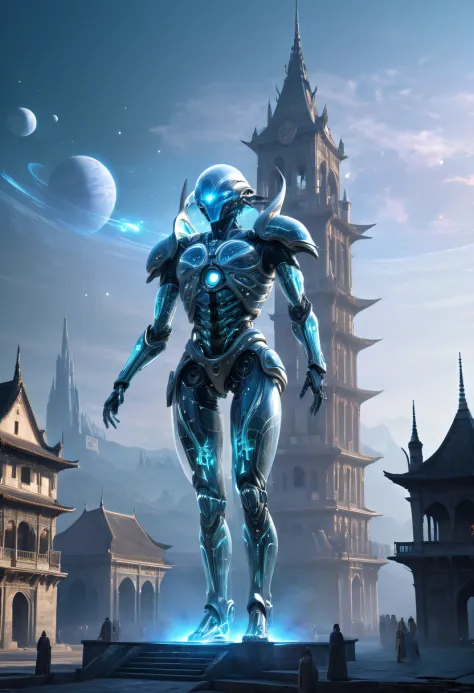 Translucent ethereal alien warrior，Spectacular high-tech space landscape,The integration of future technology and medieval citie...