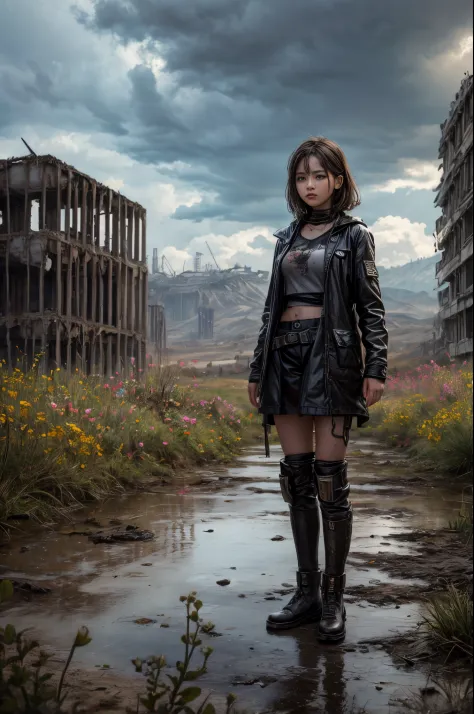 "Oil painting, ((resilient)) girl standing amidst nuclear wasteland ruins, delicate flowers emerging from the desolation, ominou...