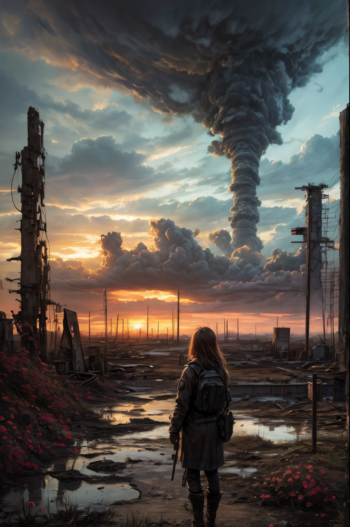 "pintura al óleo, ((resiliente)) Chica parada en medio de ruinas de un páramo nuclear, flores delicadas que emergen de la desolación, Nubes siniestras que proyectan sombras, ((belleza inquietante)), obra maestra post-apocalíptica"
