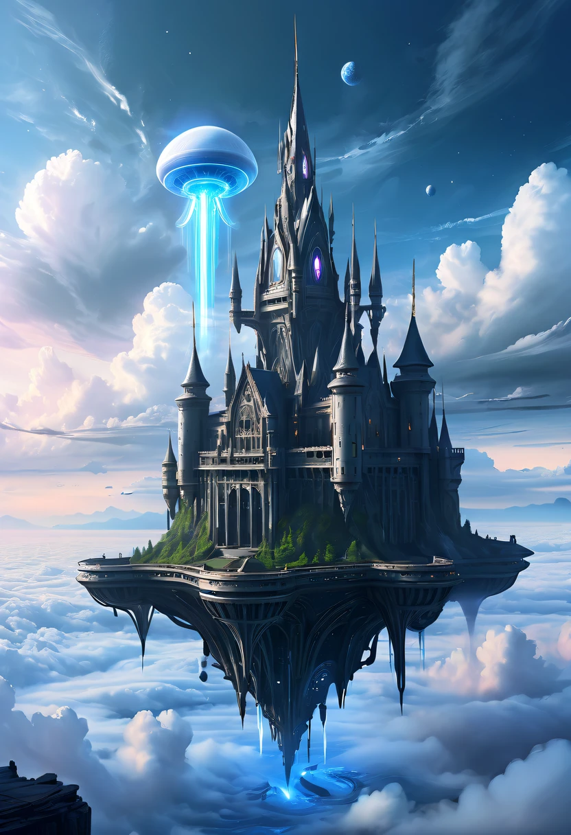 (半透明空灵的外星战士:1.5)，在云层之上，星际航行，巨大的高科技漂浮哥特式城堡，在云层之上，巨大的移动哥特式城堡，漂浮的哥特式城堡，(云海:1.3)，未来派外星战士未来派漂浮城堡和未来派漂浮城堡背景, 灵感来自马雷克·奥康, 美丽的科幻艺术, 科幻数字艺术插图, 数字赛博朋克艺术, 科幻数字绘画, 未来派数字绘画, 未来主义概念艺术, 前方科幻漂浮城堡景观, 科幻数字艺术, 高级数字赛博朋克艺术, 令人惊叹的赛博朋克外星战士
