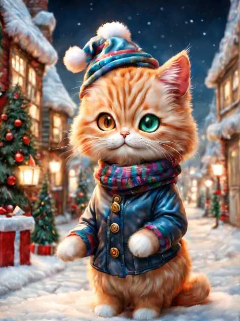 (Minuet in a jacket),a gi,Christmas Town,,cute little,​masterpiece,top-quality,Fluffy cat,Christmas Town,illuminations,Christmas tree,Santa's Hat,cute little,F,A delightful,tre anatomically correct,,photoRealstic,Cats,minuet,odd eye
