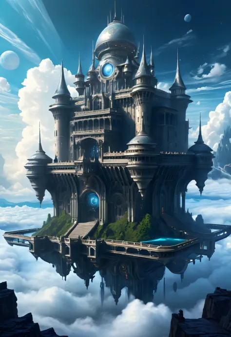 Above the clouds，Interstellar voyage，Huge high-tech floating medieval ancient palace，Above the clouds，Huge mobile medieval ancient palace，Floating ancient medieval palace，(Sea of Clouds:1.3)，Futuristic alien warrior futuristic floating medieval ancient pal...